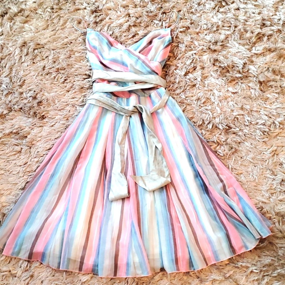 Y2K pastel striped faux wrap prom dress